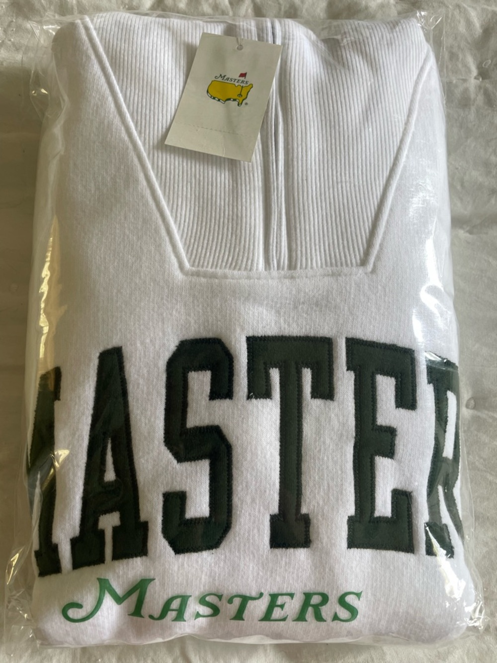 Masters White Sweatshirt with Dark Green Lettering